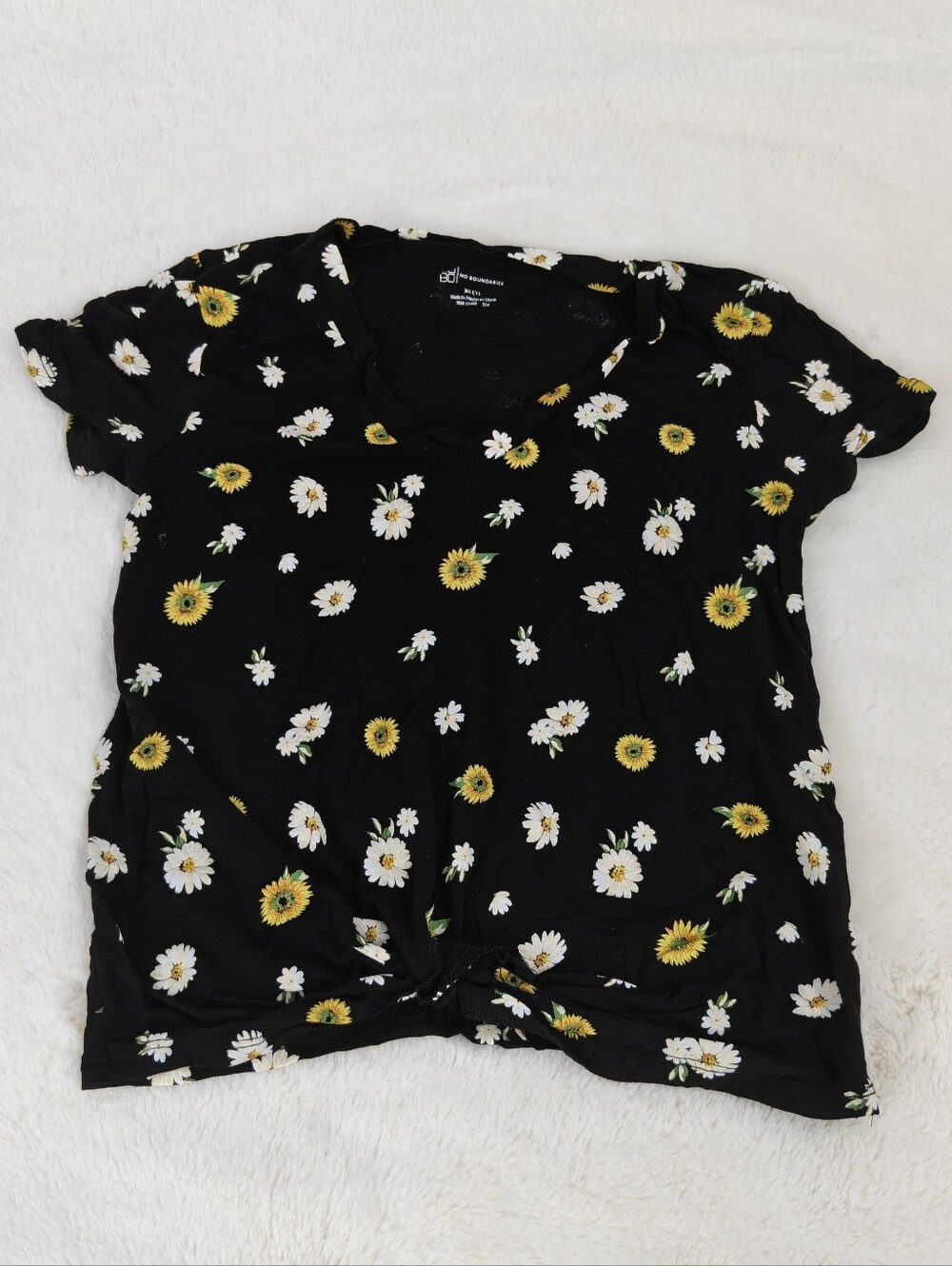 No Boundaries Floral V-Neck Knot Front Top XS Black with Yellow & White Flowers